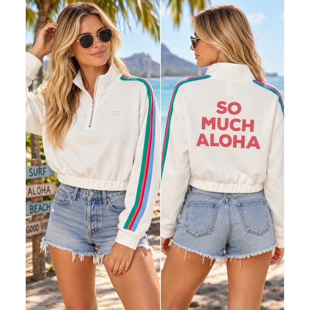 Billabong So Much Aloha Cropped Sweatshirt Women Small 1/4 Zip Striped Surf